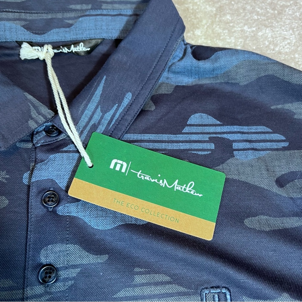 Travis Mathew Blue Camouflage Polo Shirt New With tags. The ECO Collection.